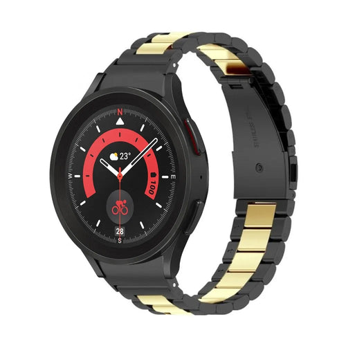 Steel Strap, black/gold, on a watch, 3/4 front view