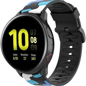 Silicone Camo Strap, blue, on a watch, 3/4 front view