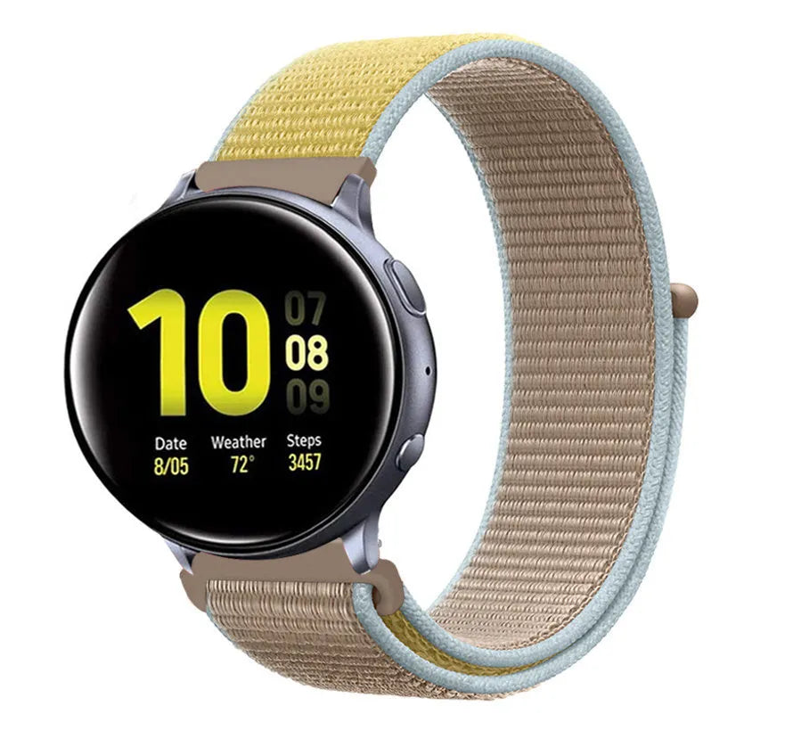 Nylon Strap, camel, on a watch, 3/4 front view