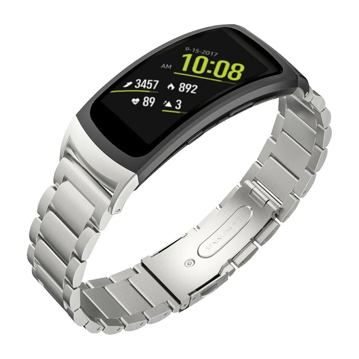 Steel Strap, silver, on a watch, 3/4 front view
