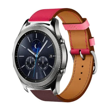 Leather Strap 'Duo', bright pink/auburn, on a watch, 3/4 front view