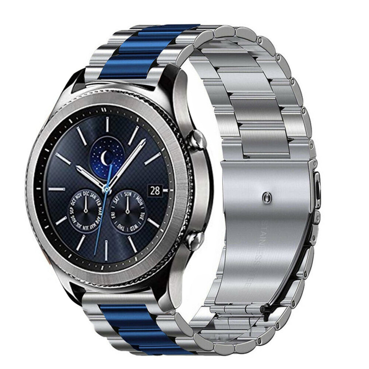 Steel Strap, silver/blue, on a watch, 3/4 front view