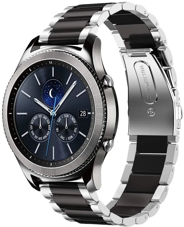 Steel Strap, silver/black, on a watch, 3/4 front view