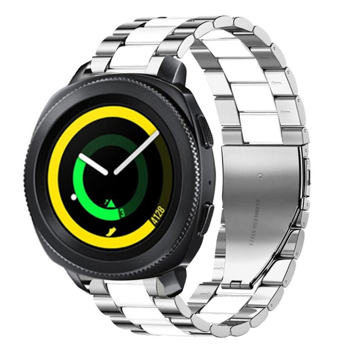 Steel Strap, silver/white, on a watch, 3/4 front view