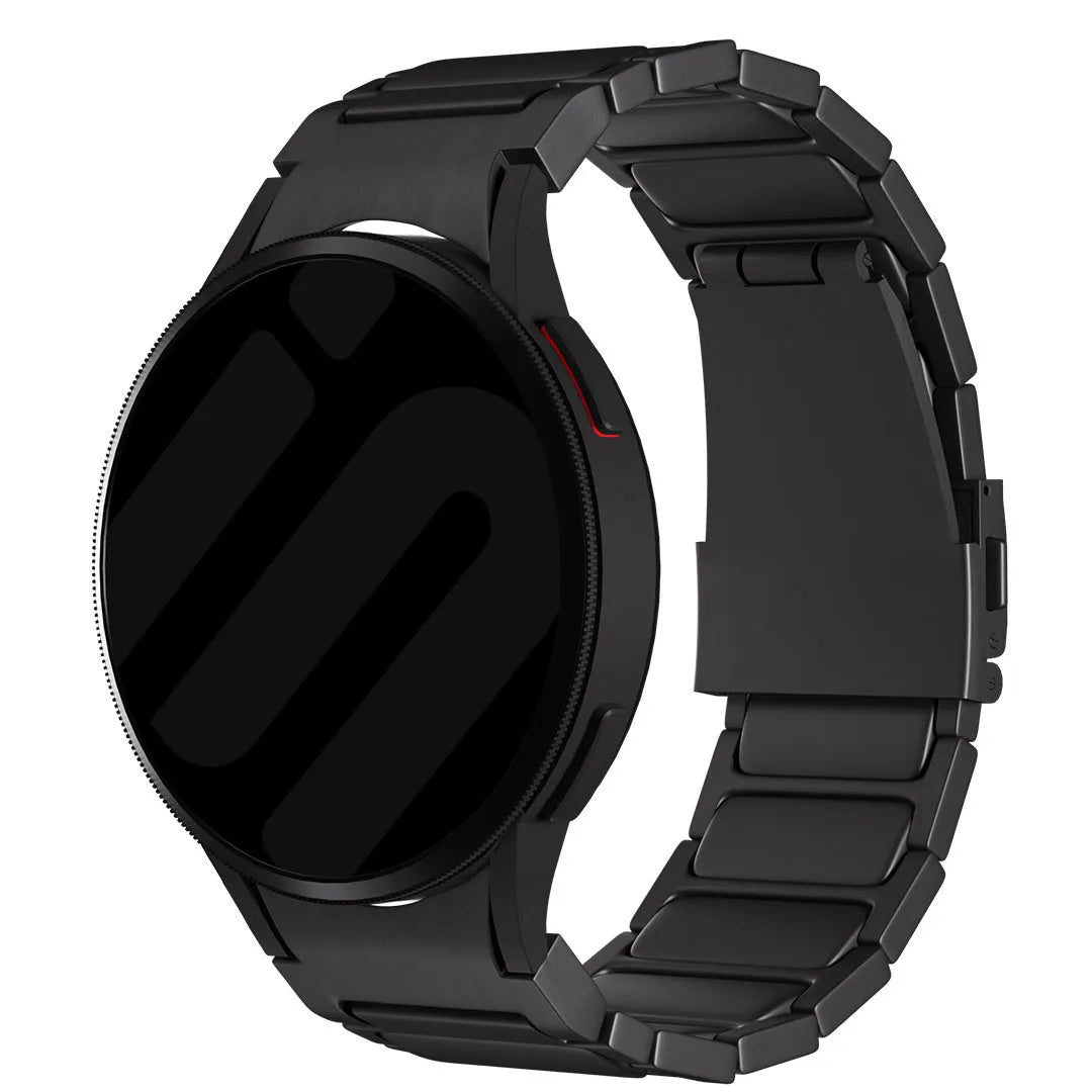 Titanium Strap 'One Push', black, on a watch, 3/4 front view