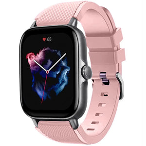 Twill Silicone Strap, pink, on a watch, 3/4 front view