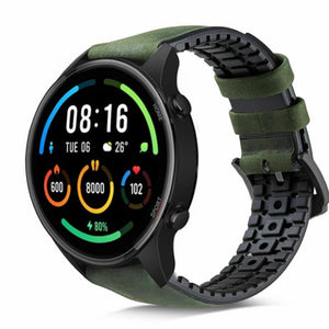 Leather Hybrid Strap, black/green, on a watch, 3/4 front view