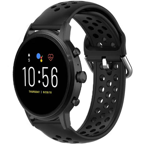 Breathable Silicone Strap, black, on a watch, 3/4 front view