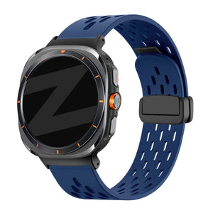 Silicone D-Buckle Sport Strap 'Air', dark blue, on a watch, 3/4 front view