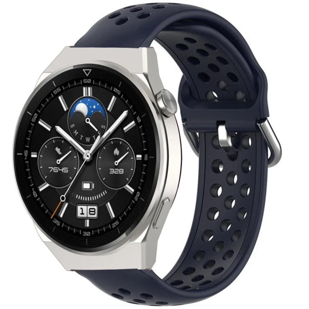 Breathable Silicone Strap, dark blue, on a watch, 3/4 front view