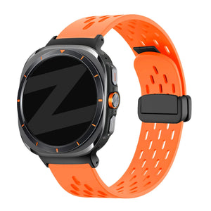 Silicone D-Buckle Sport Strap 'Air', orange, on a watch, 3/4 front view