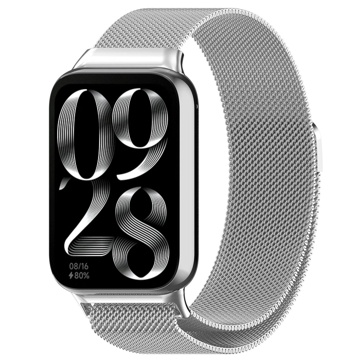 Milanese Strap, silver, on a watch, 3/4 front view
