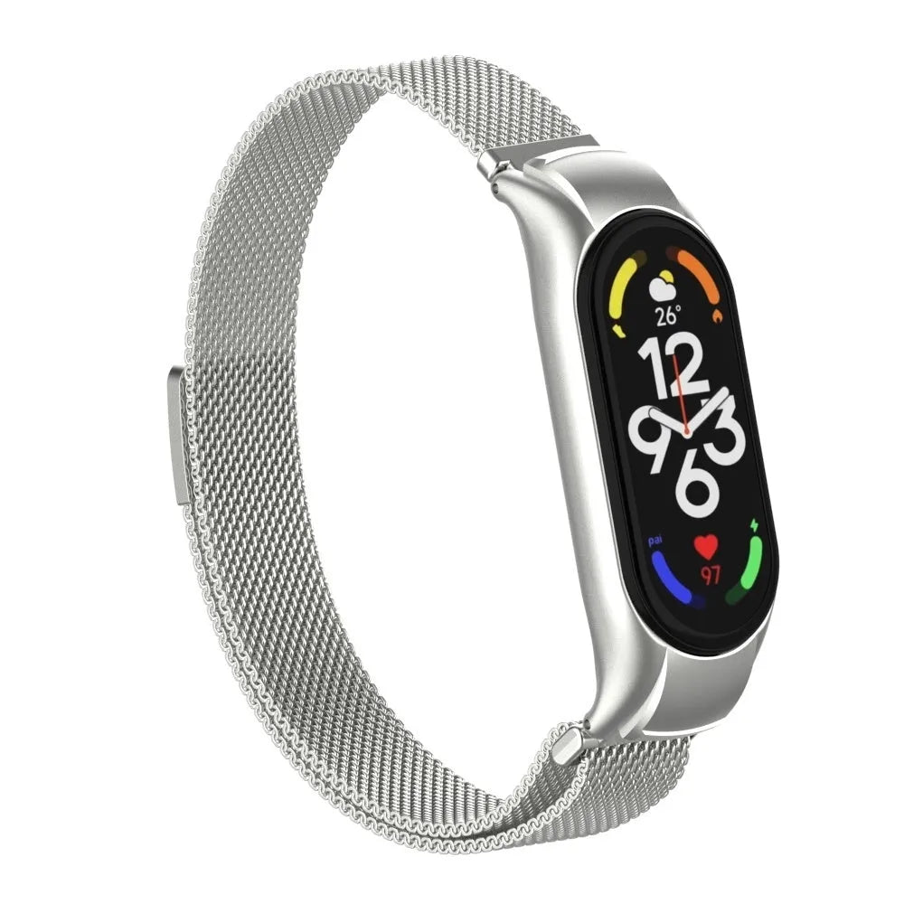 Milanese Strap, silver, on a watch, 3/4 front view