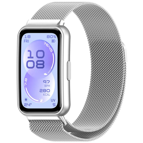 Milanese Strap, silver, on a watch, 3/4 front view