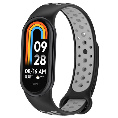 Silicone Sport Strap, black/grey, on a watch, 3/4 front view