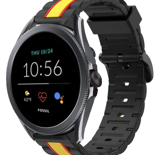 Silicone Special Edition Strap, black/yellow, on a watch, 3/4 front view