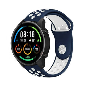Silicone Sport Strap, blue/white, on a watch, 3/4 front view