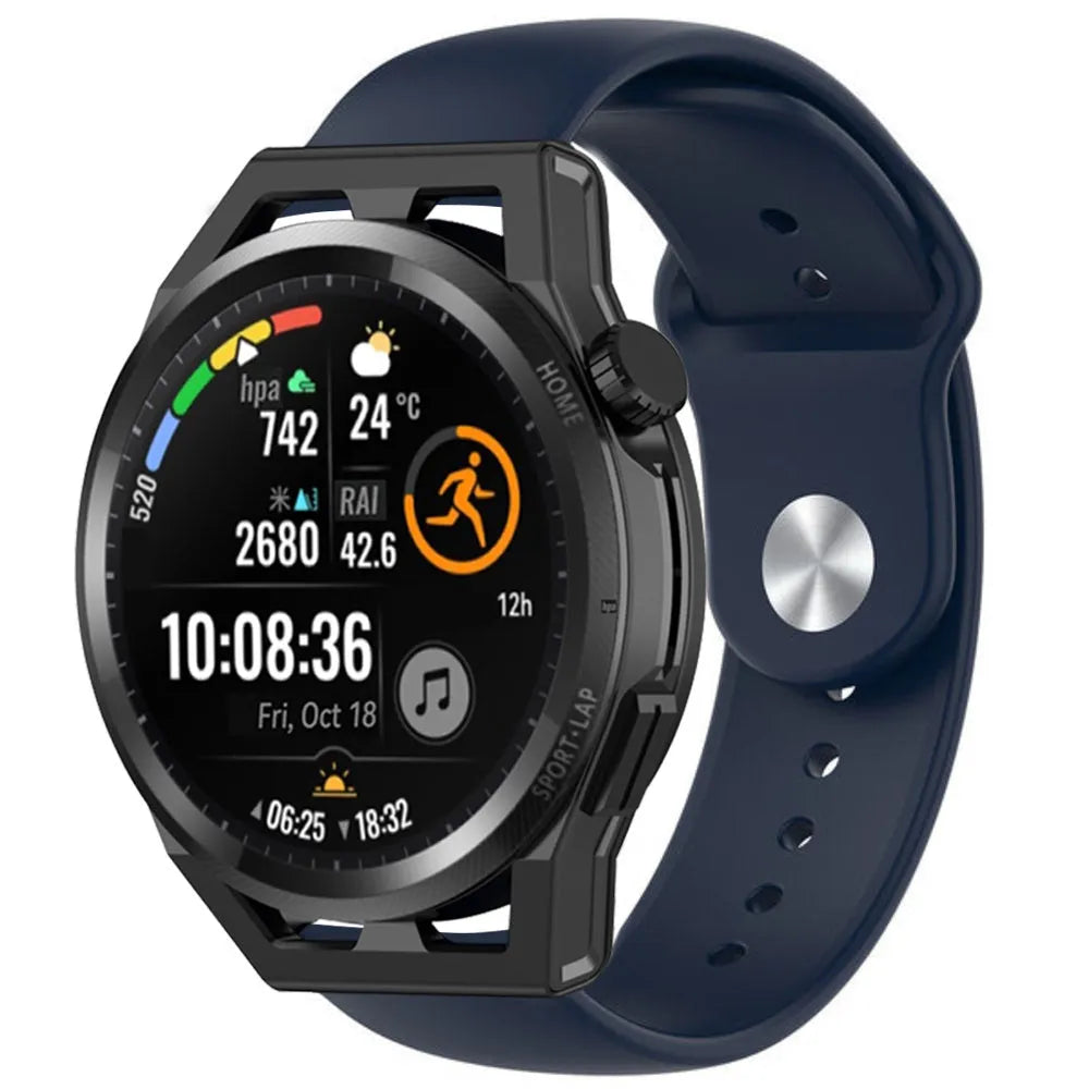 Silicone Sport Strap, dark blue, on a watch, 3/4 front view