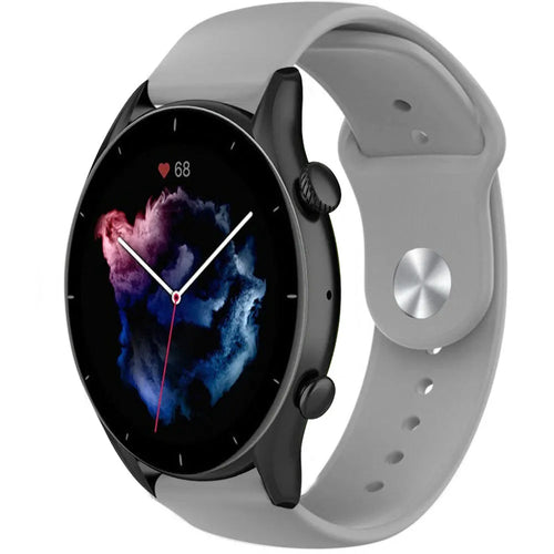 Silicone Sport Strap, grey, on a watch, 3/4 front view