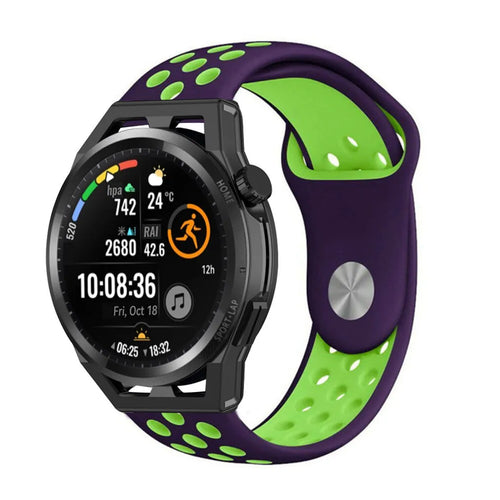 Silicone Sport Strap, purple/green, on a watch, 3/4 front view