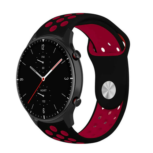 Silicone Sport Strap, black/red, on a watch, 3/4 front view