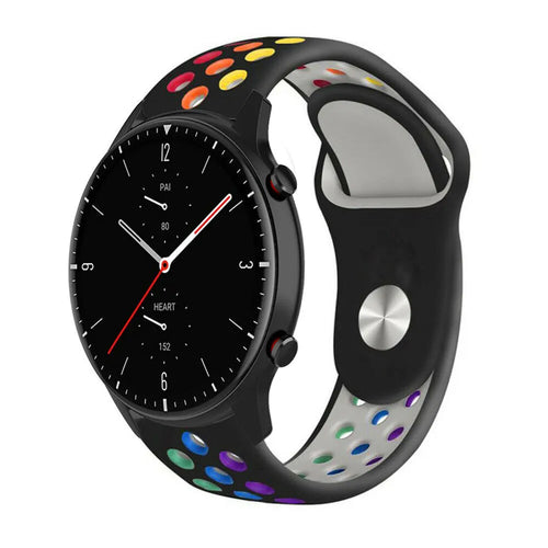 Silicone Sport Strap, black/colourful, on a watch, 3/4 front view
