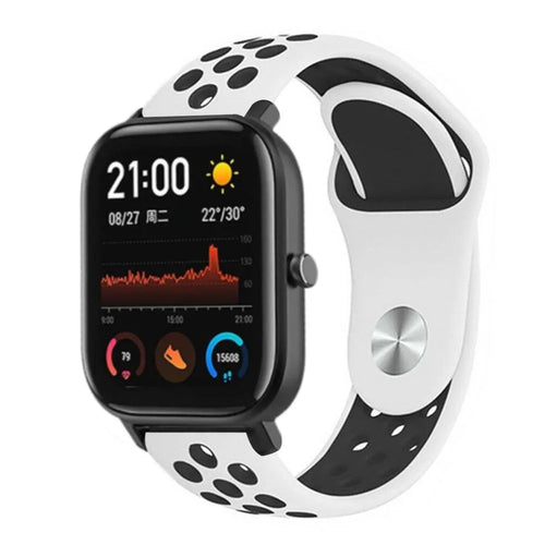 Silicone Sport Strap, white/black, on a watch, 3/4 front view