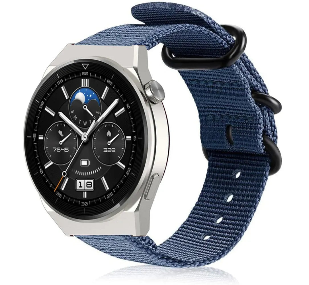 Nylon Buckle Strap, blue, on a watch, 3/4 front view