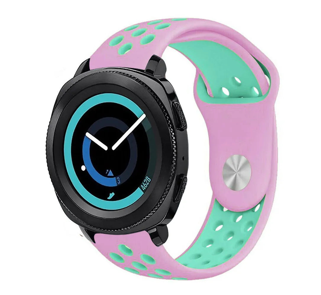 Silicone Sport Strap, pink/aqua, on a watch, 3/4 front view