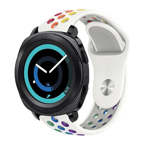 Silicone Sport Strap, white/colourful, on a watch, 3/4 front view
