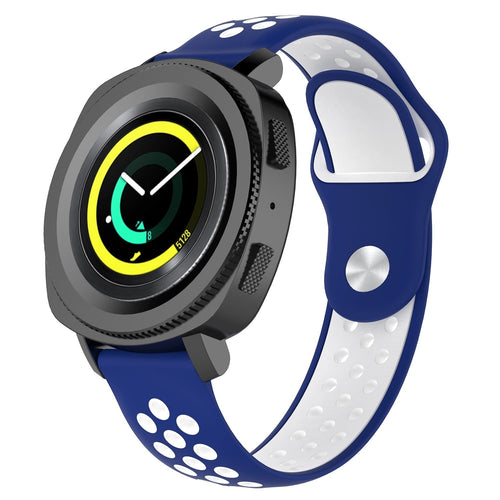 Silicone Sport Strap, blue/white, on a watch, 3/4 front view
