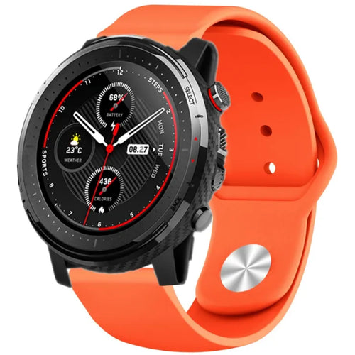 Silicone Sport Strap, orange, on a watch, 3/4 front view