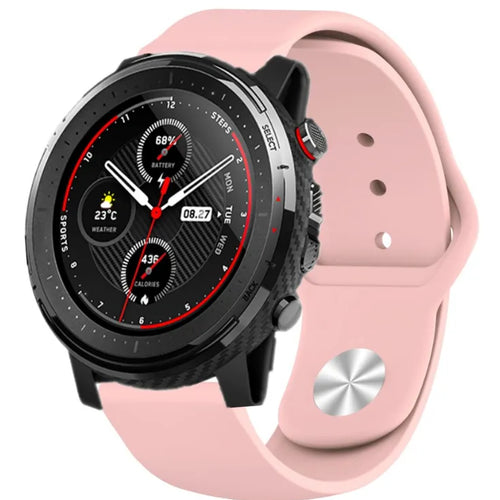 Silicone Sport Strap, pink, on a watch, 3/4 front view