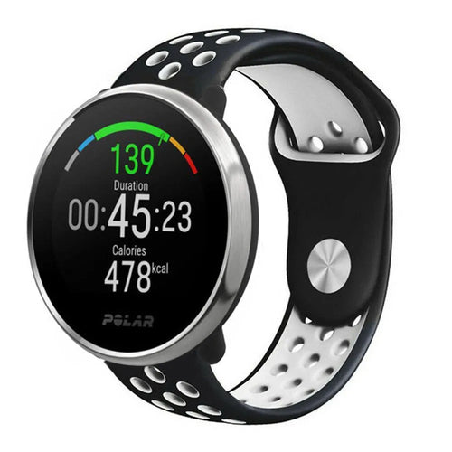 Silicone Sport Strap, black/white, on a watch, 3/4 front view