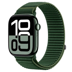Wave Nylon Strap, dark green, on a watch, 3/4 front view
