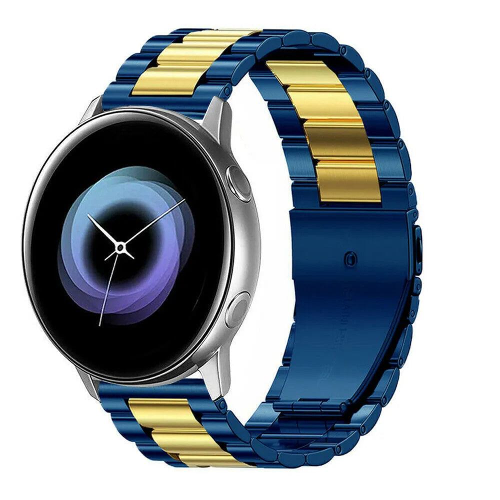 Steel Strap, blue/gold, on a watch, 3/4 front view