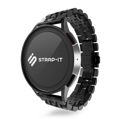Steel Link Strap 'Duo', black, on a watch, 3/4 front view