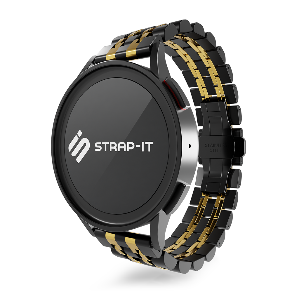 Steel Link Strap 'Duo', black/gold, on a watch, 3/4 front view