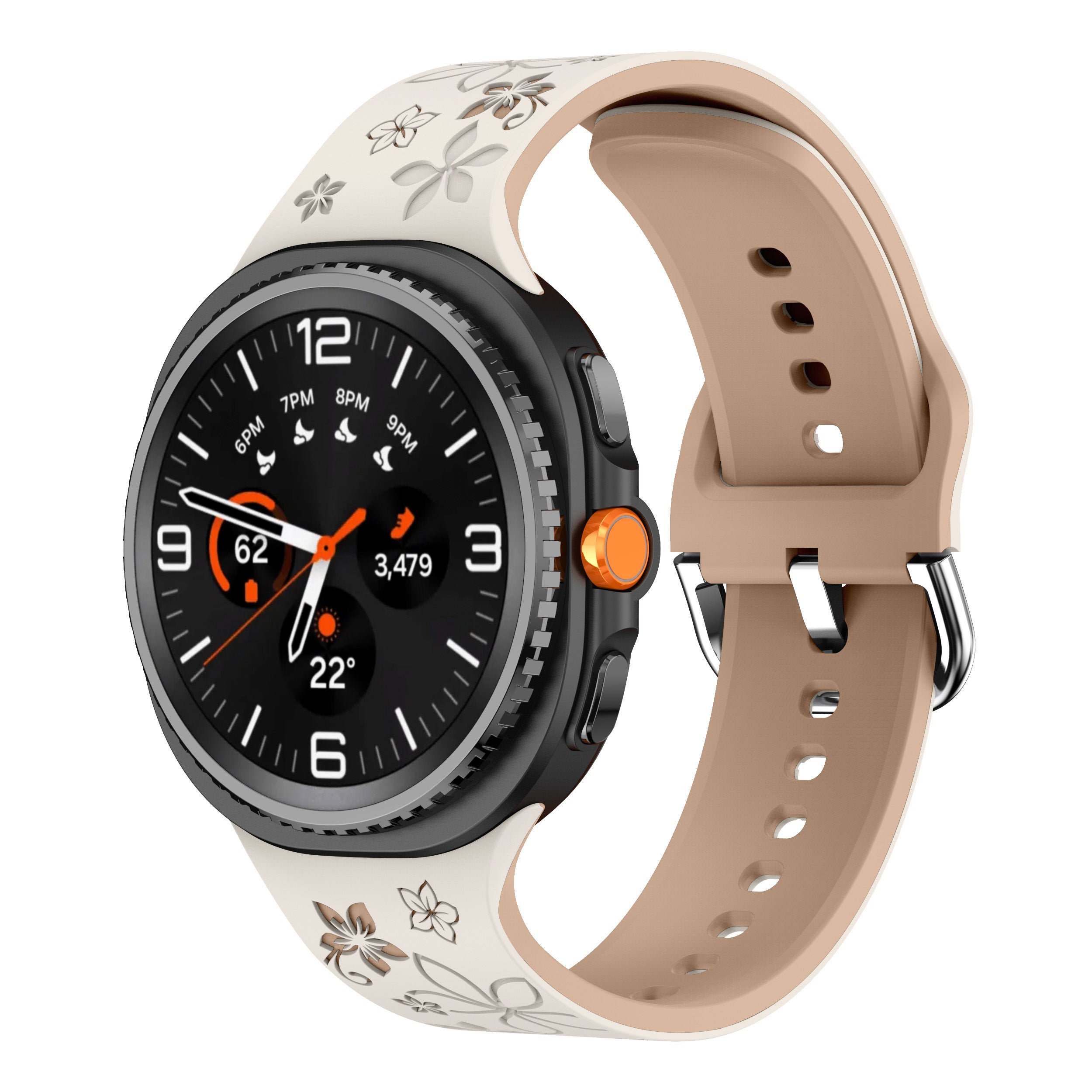 Samsung Galaxy Watch 8 - 44mm Silikonarmband mit Blumenmuster (Polarstern/Beige)
