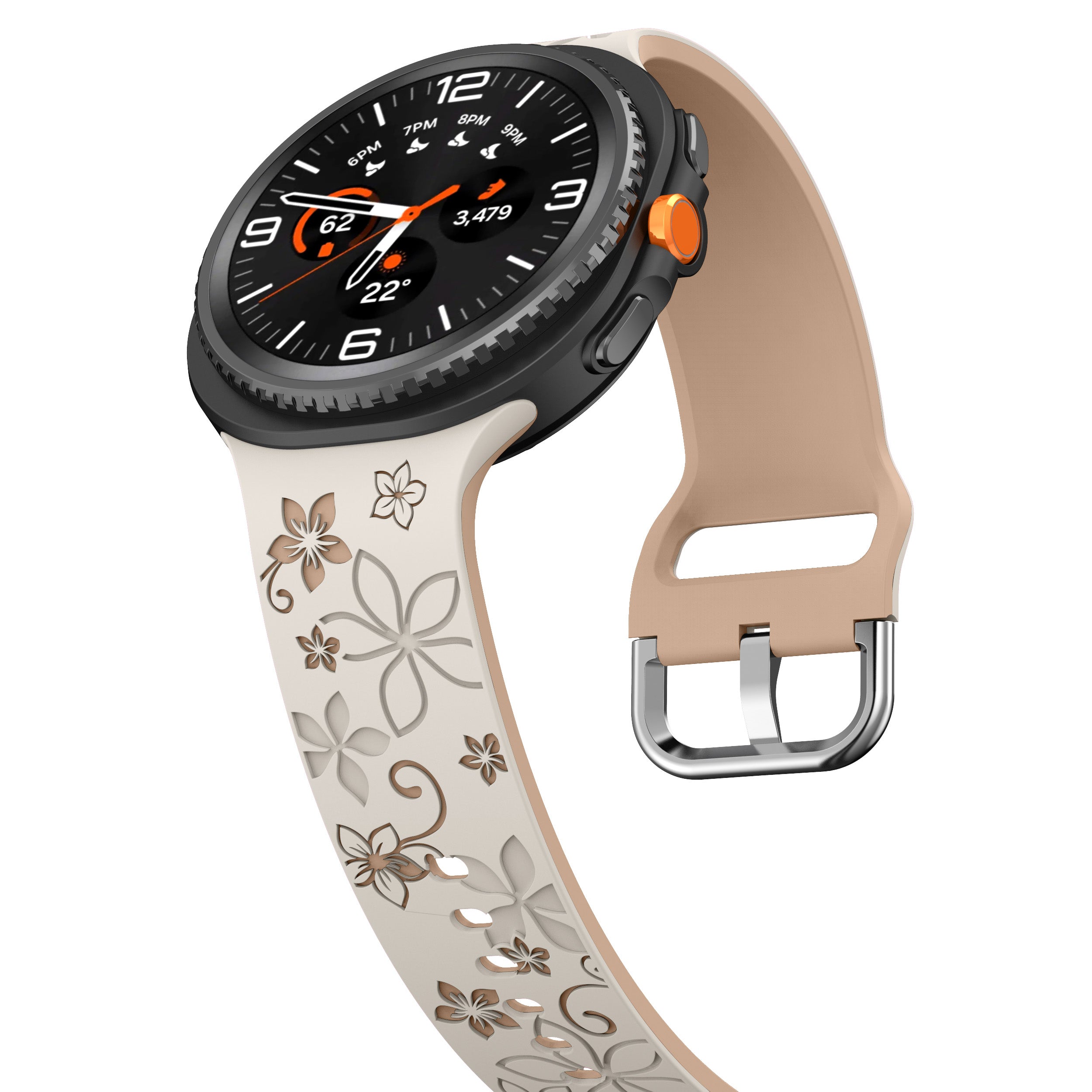 Samsung Galaxy Watch 8 - 44mm Silikonarmband mit Blumenmuster (Polarstern/Beige)