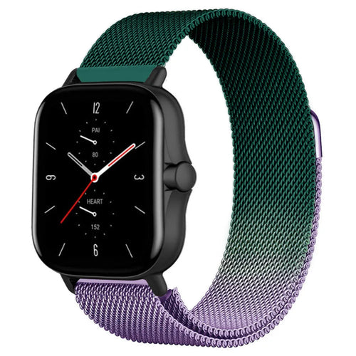 Milanese Strap, purple/green, on a watch, 3/4 front view