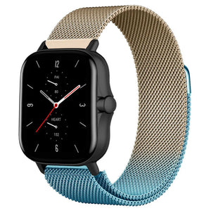 Milanese Strap, blue/gold, on a watch, 3/4 front view