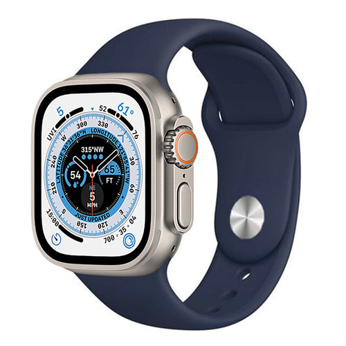 Silicone Strap, blue, on a watch, 3/4 front view
