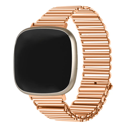 Steel Loop Strap, rose gold, on a watch, 3/4 front view