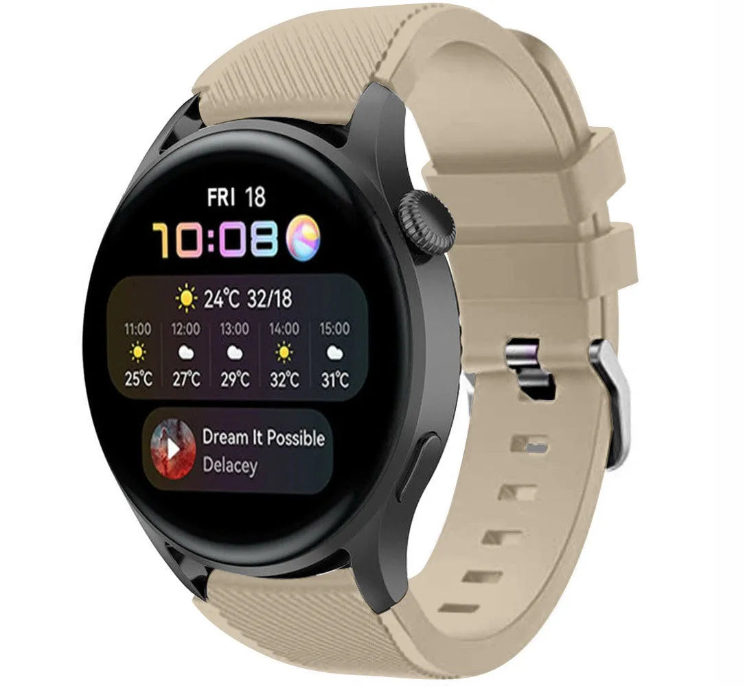 Twill Silicone Strap, beige, on a watch, 3/4 front view