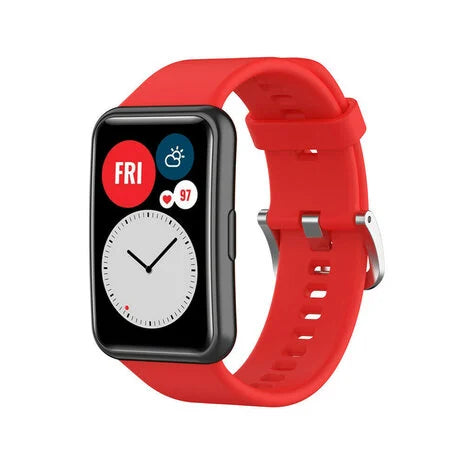 Silicone Strap, red, on a watch, 3/4 front view