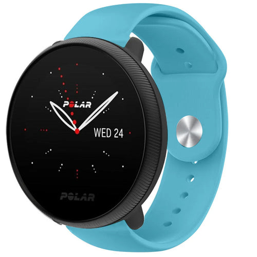 Silicone Sport Strap, light blue, on a watch, 3/4 front view