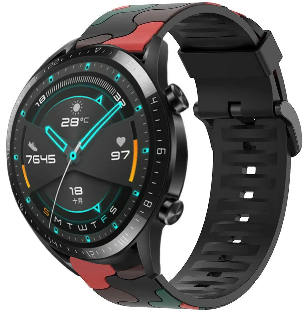 Silicone Camo Strap, red, on a watch, 3/4 front view