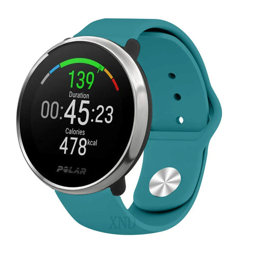 Silicone Sport Strap, green-blue, on a watch, 3/4 front view