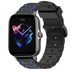 Silicone Strap 'Tough', black/blue, on a watch, 3/4 front view